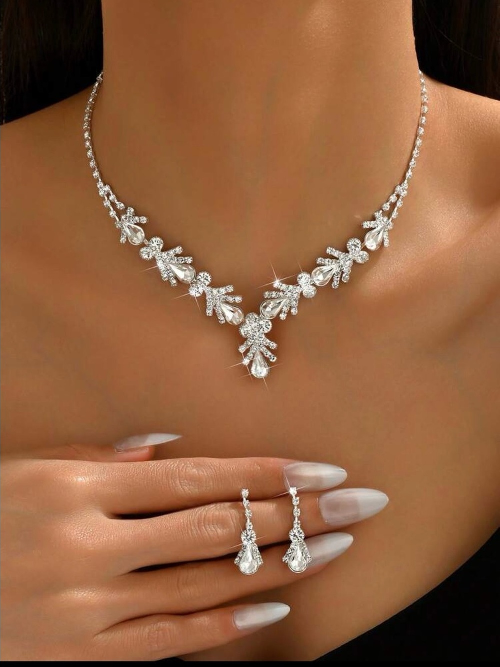 Silver Crystal V-Shape Necklace and Drop Earring Set - Elegant Bridal Jewelry